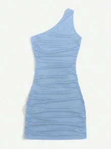 Roamenne Roamenne Vestido ajustado de un hombro fruncido - Neblina azul - Ver 2