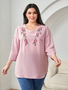 Mulvari Plus Floral Embroidery V Neck Blouse - Pink - View 4