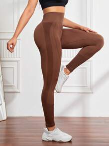 SHEIN Yoga Basic Wide Waistband Sports Leggings - Coffee Brown - View 2