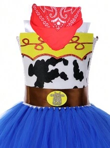Vestido disfraz de tutú de malla con estampado de vaca de mezclilla para niñas en Halloween - Azul - Ver 4