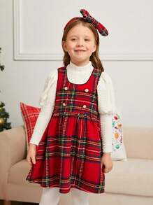 SHEIN 2pcs/Set Young Girl Solid Knit Stand Collar Gigot Sleeve Top And Plaid Cami Dress With Headband, Mommy And Me Matching Outfits