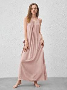 Leisure Natural Linen Comfy & Breathable Side Pocket Lounge Dress-Pink - Coral Pink - View 7