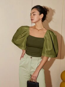 现代菲律宾女装春夏休闲纯色泡泡袖方领衬衫，夏季女装短款上衣商务休闲 Terno - 橄欖綠 - 查看 4