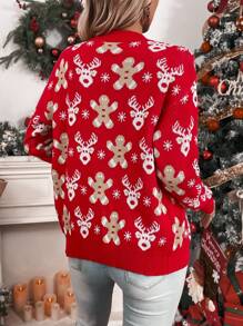 Chiquease Christmas Elk & Snowflake Pattern Button Front Cardigan For New Year Clothes,Long Sleeve Tops - Red - View 2