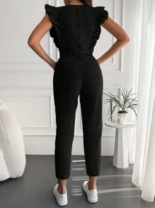 EURMUSE Ruffle Trim Button Front Denim Jumpsuit - Black - View 2