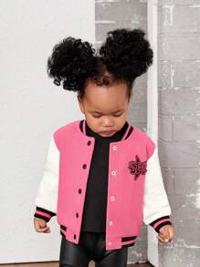 SHEIN Baby Girl Letter Patched Striped Trim Varsity Jacket - Pink - View 4