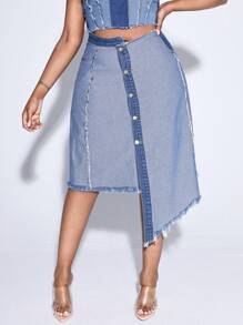 SHEIN SXY Plus Asymmetrical Raw Hem Denim Skirt Without Tube Top - Light Wash - View 4