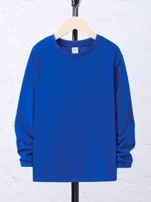 SHEIN Leap Crew 青少年男孩休闲印花圆领宽松长袖纯色针织 T 恤 - 藍色 - 查看 2