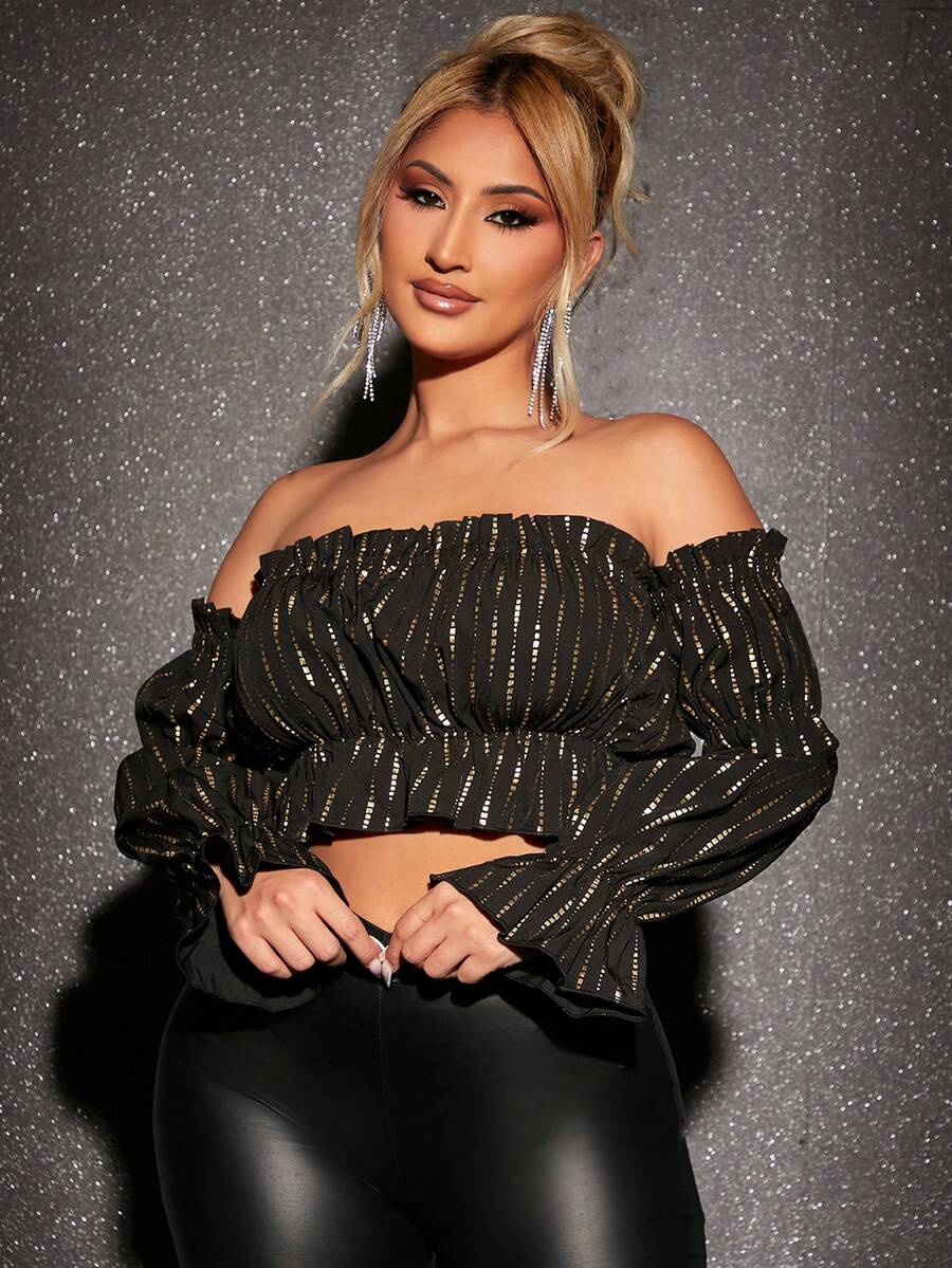 SHEIN SXY Viền Ruffle Off Shoulder Top Cây trồng - màu đen - Xem 1