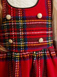 SHEIN 2pcs/Set Young Girl Solid Knit Stand Collar Gigot Sleeve Top And Plaid Cami Dress With Headband, Mommy And Me Matching Outfits