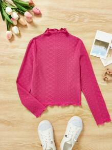 SHEIN Tween Girl Solid Lettuce Trim Mock Neck Tee - Hot Pink - View 1