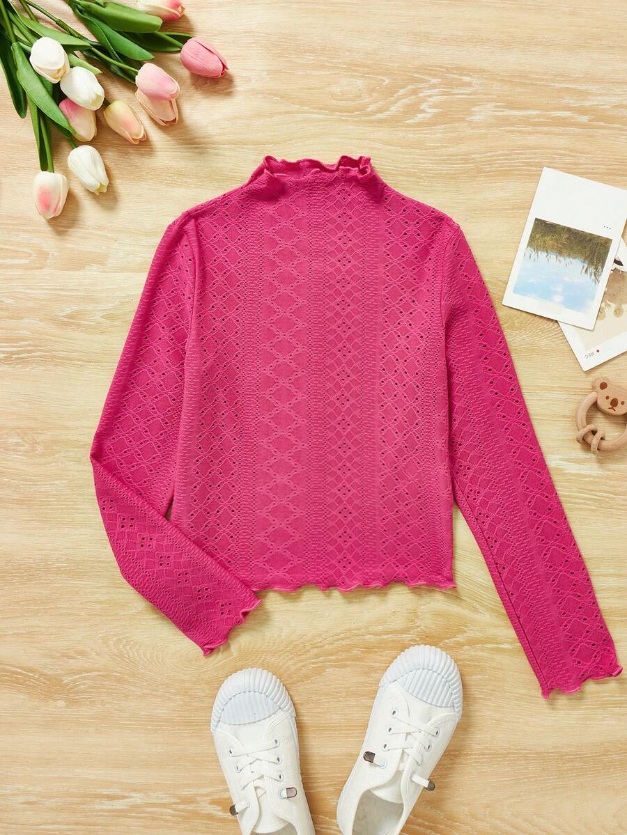 SHEIN Tween Girl Solid Lettuce Trim Mock Neck Tee - Hot Pink - View 1