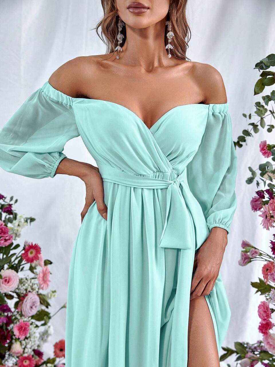 Faeriesty Off-Shoulder Lantern Sleeve Slit Thigh Tie Waist Dress