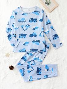 Tween Boy Car Print Tee & Pants PJ Set - Baby Blue - View 1