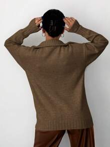 EURMUSE Half Zip Drop Shoulder Sweater - Beige - View 2