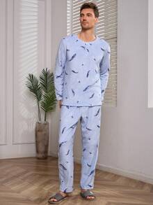 Men Feather Print PJ Set - Multicolor - View 3
