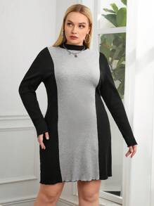 SHEIN Essnce Plus Two Tone Mock Neck Lettuce Trim Dress - Black - View 3
