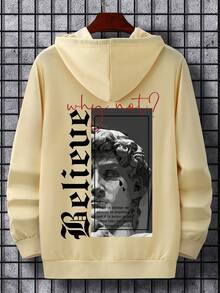 Manfinity LEGND Hombres Capucha escultura & con estampado de slogan con cordón - Caqui - Ver 5