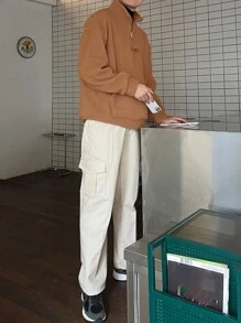 DAZY 男士字母刺繡袋鼠口袋落肩袖搖粒絨運動衫 - 棕色 - 查看 5