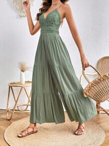 SHEIN VCAY Contrast Lace Ruffle Hem Cami Jumpsuit - Green - View 4