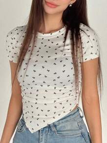 DAZY Allover Cherry Print Ruched Side Asymmetrical Hem Tee Floral - White - View 3