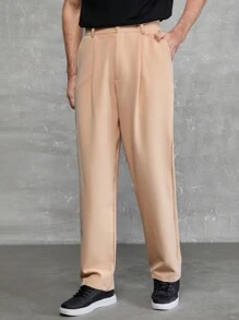 RueChic Men Solid Slant Pocket Suit Pants - Beige - View 1