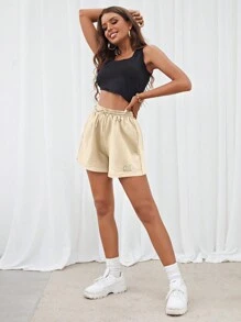 SHEIN EZwear Quần đùi nữ Dây kéo Đắp vá Lá thư Giải trí - Màu be - Xem 3