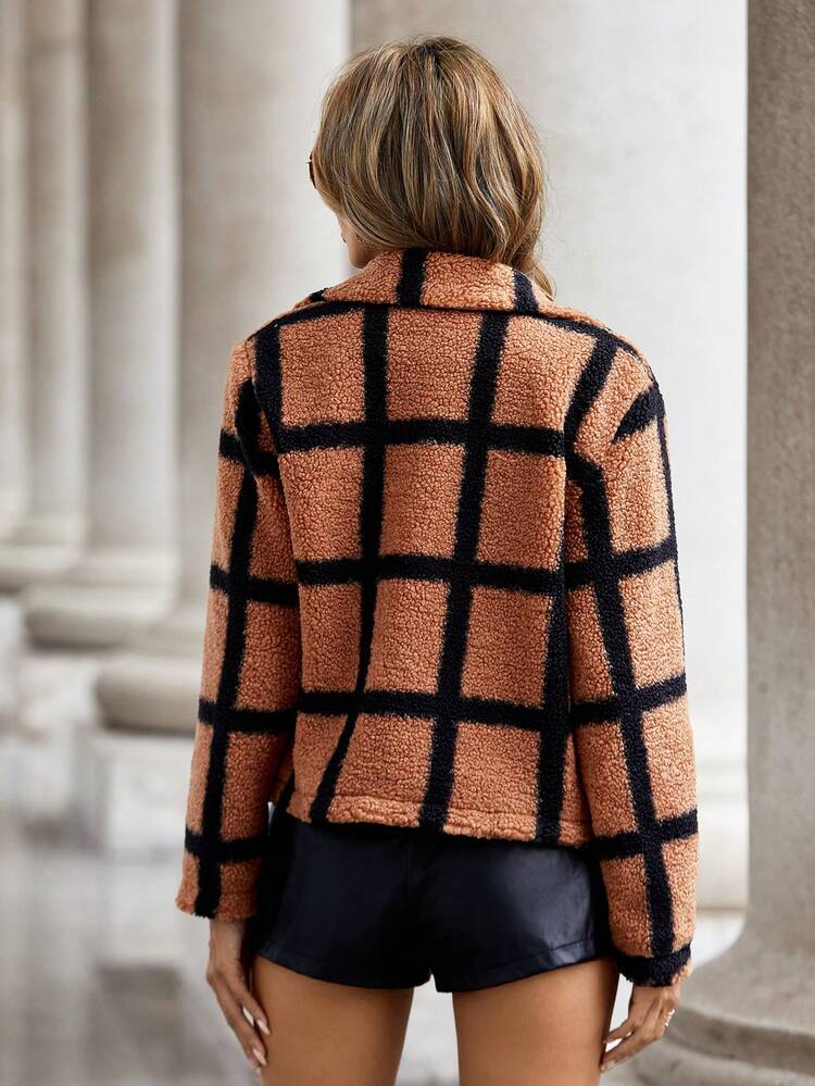 Plaid Pattern Waterfall Collar Teddy Jacket