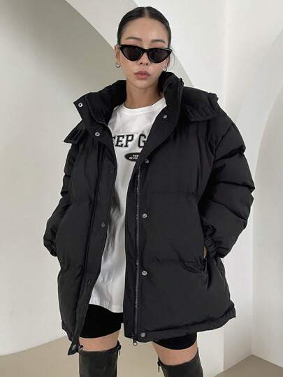 DAZY 纯色拉链连帽加厚口袋外套，女士冬季外套夹克