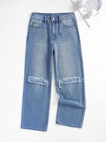 SHEIN EZwear Ripped Straight Leg Jeans - Medium Wash - View 1