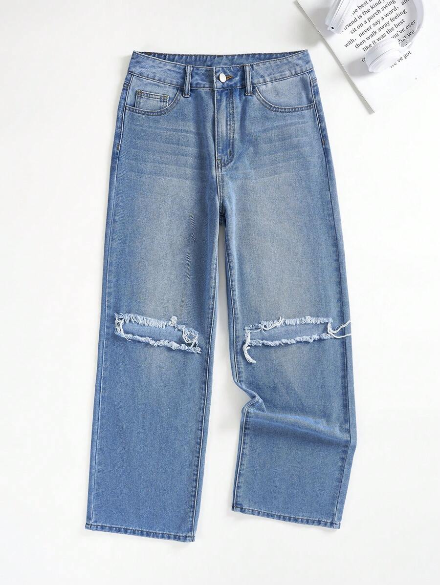SHEIN EZwear Ripped Straight Leg Jeans - Medium Wash - View 1
