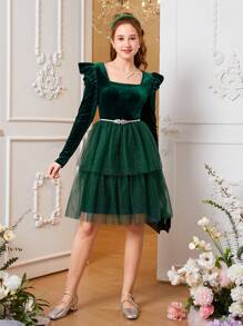 SHEIN Teen Girl Square Neck Ruffle Trim Mesh Overlay Velvet Dress Without Belt for Christmas - Green - View 4
