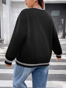 Flirla Plus Striped Trim Drop Shoulder Sweatshirt Pullover Fall Sweatshirt - Black - View 2