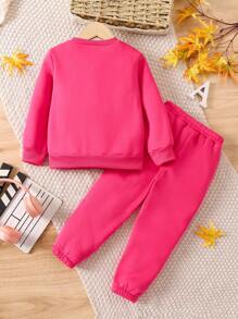 SHEIN 女小童字母圖案衛衣和衛褲 - 玫紅色 - 查看 2