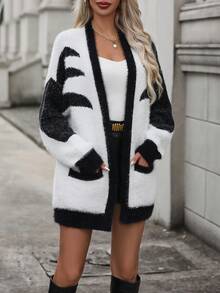 SHEIN Frenchy Graphic Pattern Drop Shoulder Fuzzy Duster Cardigan - Black - View 3