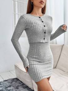 SHEIN PETITE Button Front Cami Bodycon Dress & Open Front Jacket - Grey - View 4