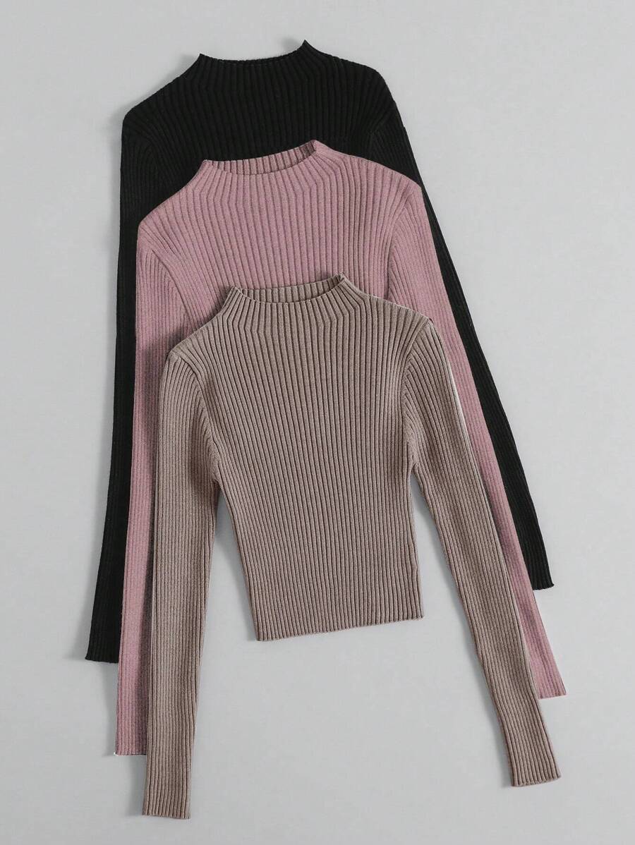 Franclia 3 件套立领罗纹针织毛衣、长袖上衣