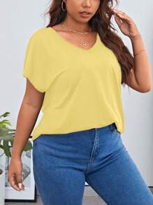 SHEIN Essnce Plus Solid Batwing Sleeve V Neck Tee - Yellow - View 5