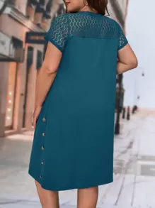 SHEIN Clasi Hơn Ren tương phản Chi tiết Nút Váy áo thun - Màu xanh ngọc - Xem 2