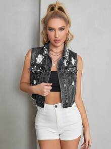 Flap Pocket Ripped Denim Vest Jacket