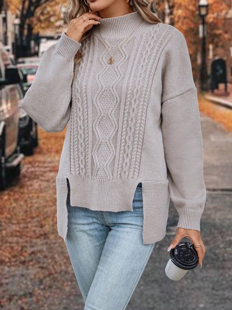 Cable Knit Drop Shoulder Split Hem Knit Pullover Fall Winter Sweater