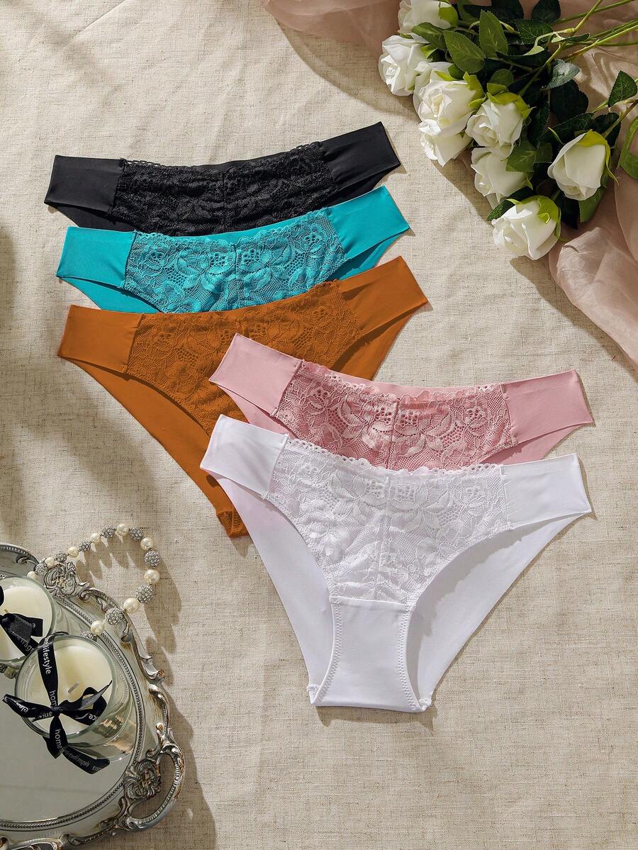 SHEIN Conjunto De 5 Piezas De Lencería De Braguitas De Encaje Para Mujeres - Multicolor - Ver 1
