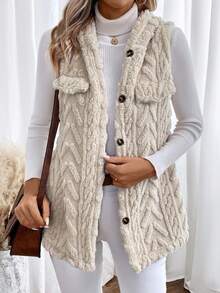 SHEIN LUNE 1pc Flap Detail Button Front Teddy Hooded Vest Coat - Beige - View 3