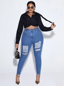 SHEIN EZwear Talla grande Jeans ajustados desgarro con cremallera - Azul lavado medio - Ver 5