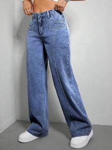 SHEIN EZwear 闊腿牛仔褲 - 深色水洗藍 - 查看 4