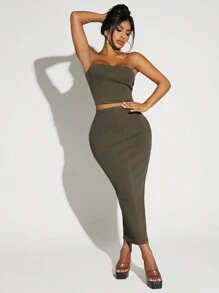 SHEIN SXY 女款無肩帶上衣與裙子套裝 - 軍綠色 - 查看 1