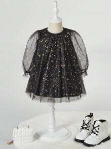 SHEIN Đứa bé gái In Sao Váy lưới che phủ - màu đen - Xem 1