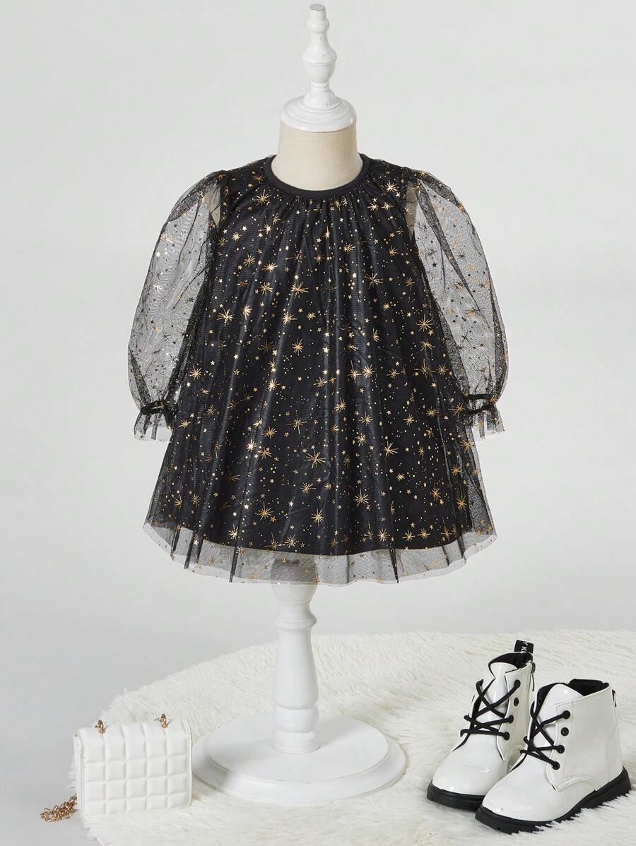 SHEIN Đứa bé gái In Sao Váy lưới che phủ - màu đen - Xem 1