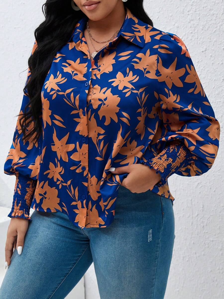 SHEIN VCAY 大碼印花燈籠袖襯衫 - 彩色 - 查看 1