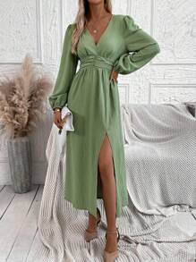 SHEIN Clasi Lantern Sleeve Split Thigh Dress - Army Green - View 1
